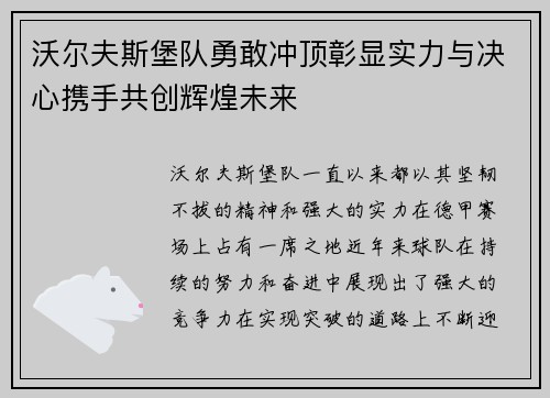 沃尔夫斯堡队勇敢冲顶彰显实力与决心携手共创辉煌未来