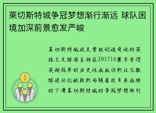 莱切斯特城争冠梦想渐行渐远 球队困境加深前景愈发严峻