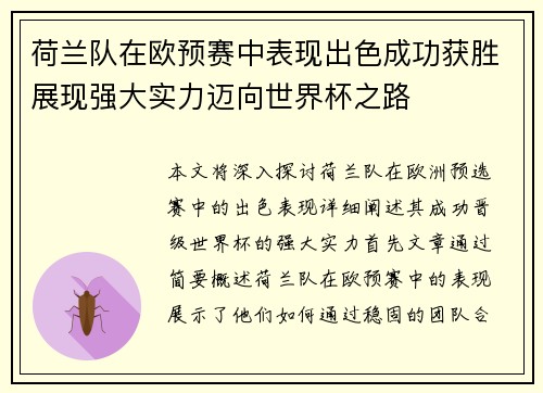 荷兰队在欧预赛中表现出色成功获胜展现强大实力迈向世界杯之路