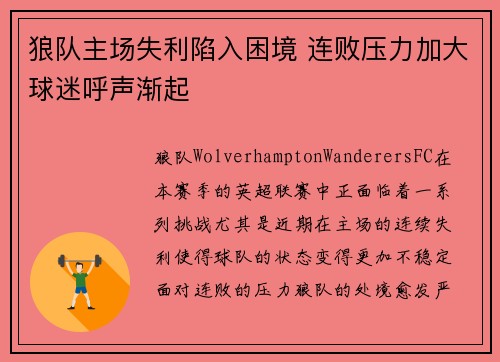 狼队主场失利陷入困境 连败压力加大球迷呼声渐起