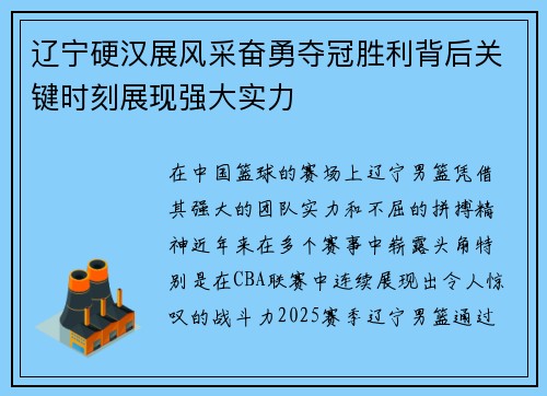 辽宁硬汉展风采奋勇夺冠胜利背后关键时刻展现强大实力