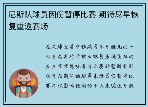 尼斯队球员因伤暂停比赛 期待尽早恢复重返赛场
