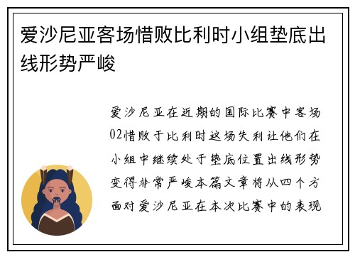爱沙尼亚客场惜败比利时小组垫底出线形势严峻
