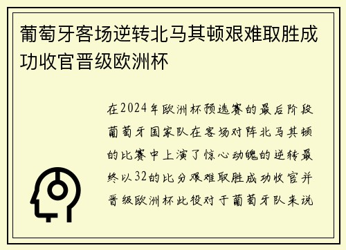 葡萄牙客场逆转北马其顿艰难取胜成功收官晋级欧洲杯
